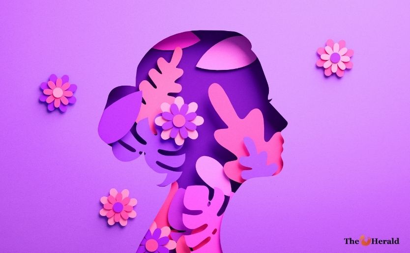 poster with woman silhouette and floral ornaments in paper cut 3D illustration. Female face flyer for feminism, independence, empowerment and Women's day equality concept
